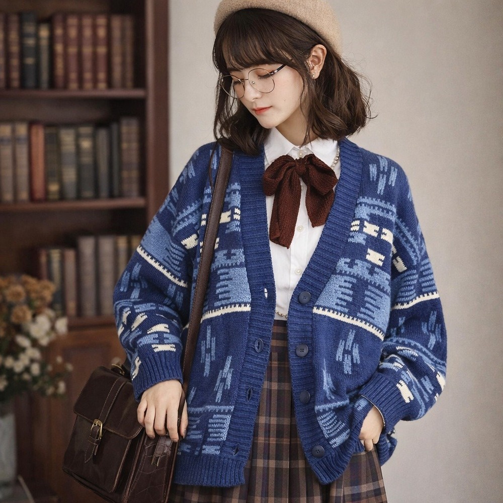 Vintage 90s Jones New York Blue Geometric Cotton‎ Oversized Cardigan Grannycore